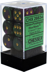 Chessex Gemini Green Purple w/ Gold 16mm (Standard) 12 Dice Set CHX26634